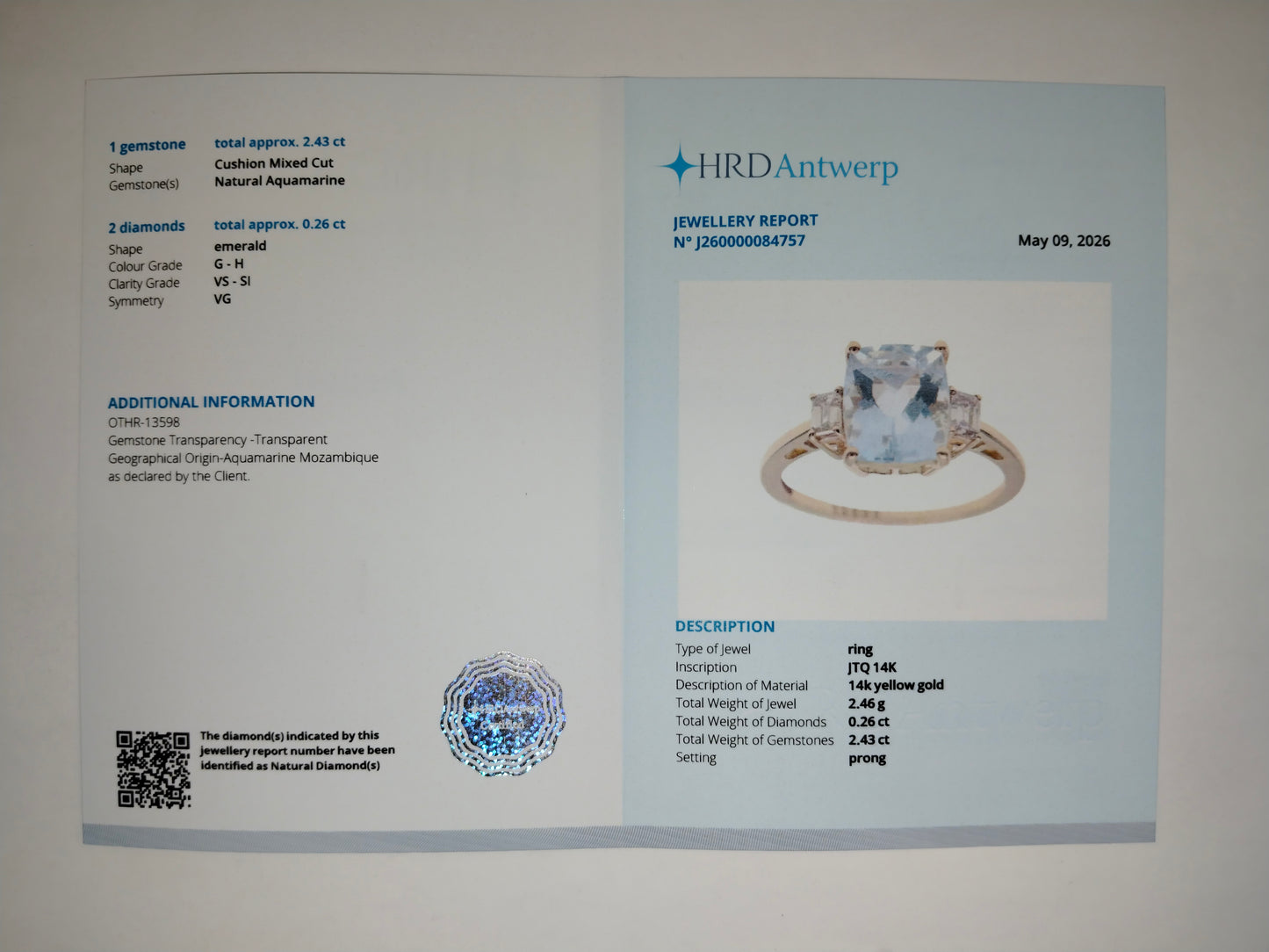 1.92 Ct Cushion Mixed Cut Natural Aquamarine 14K Gold Ring