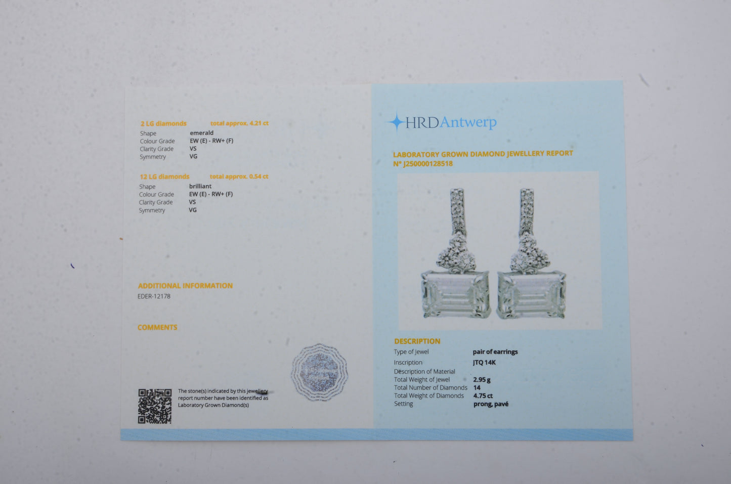 4.75 Carats Lab Grown Diamond 14K Gold Earrings