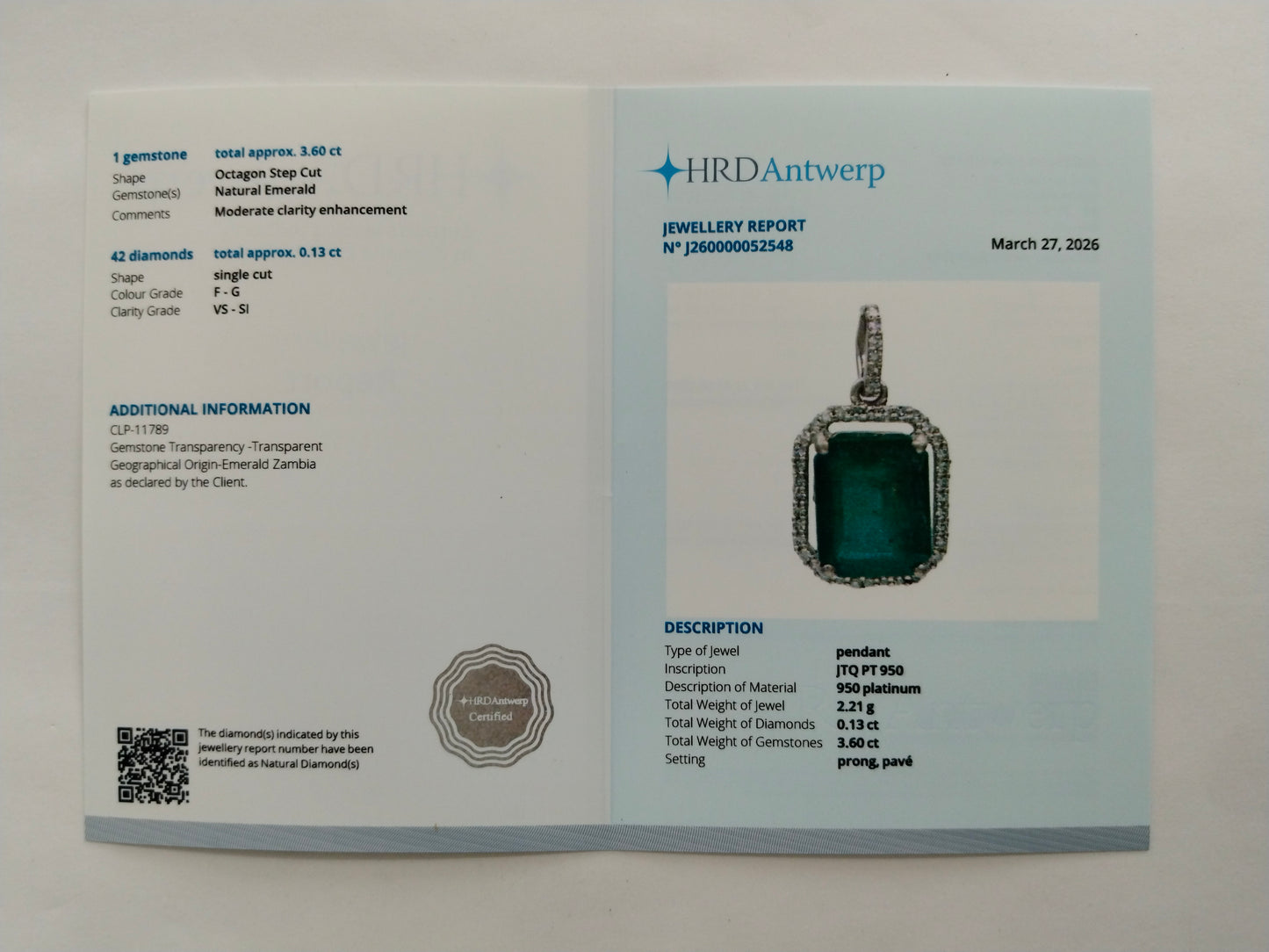 3.73 Ct Octagon Step Cut Natural Emerald 950 Platinum Pendant