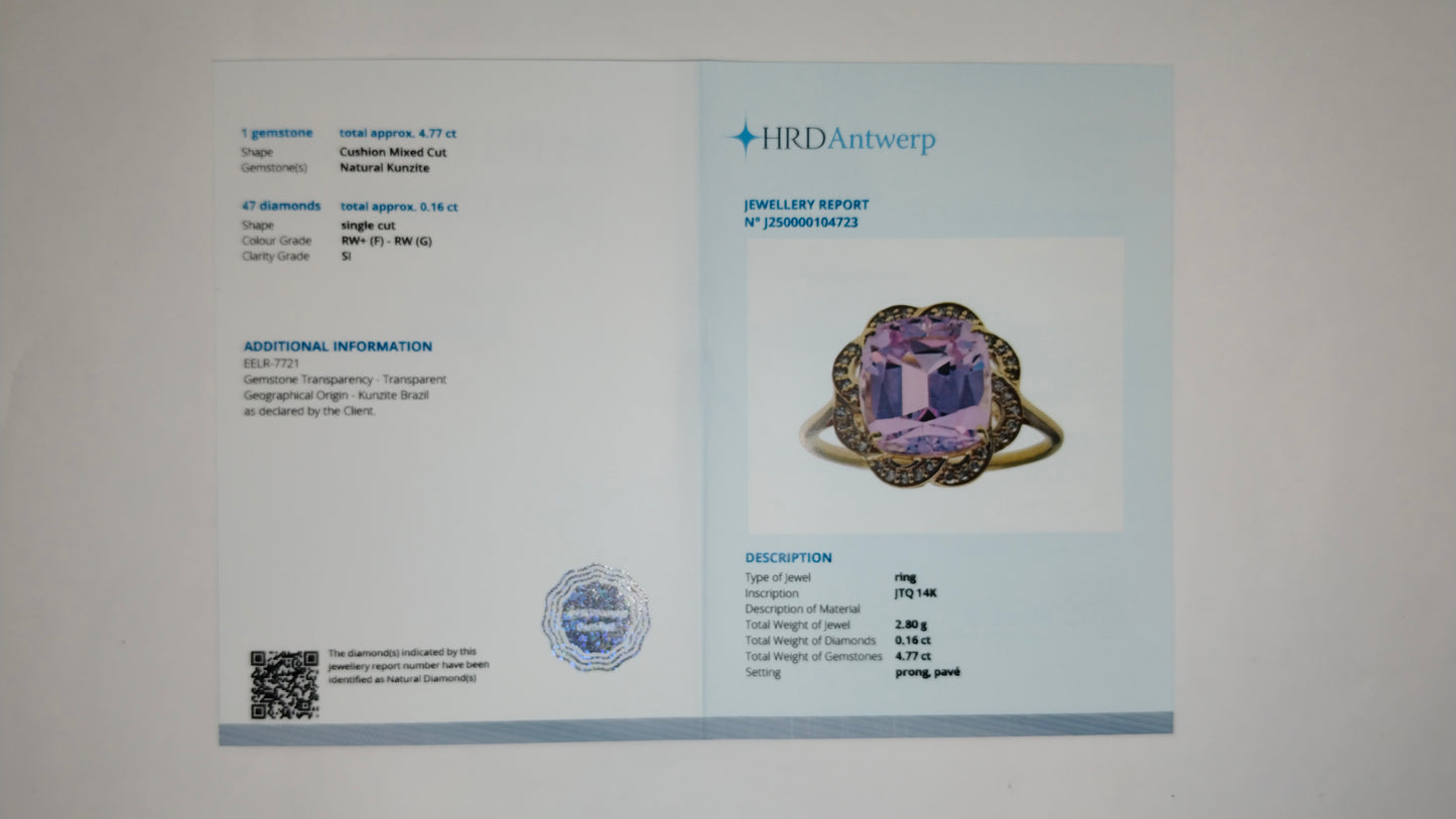 4.93 Ct Cushion Mixed Cut Natural Kunzite 14K Gold Ring