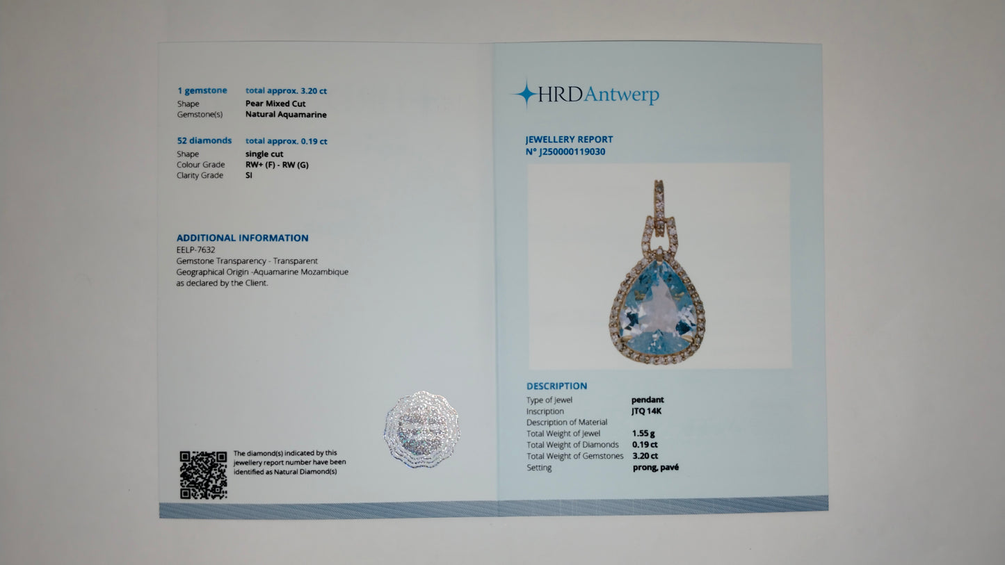 3.39 Ct Pear Mixed Cut Natural Aquamarine 14K Gold Pendant