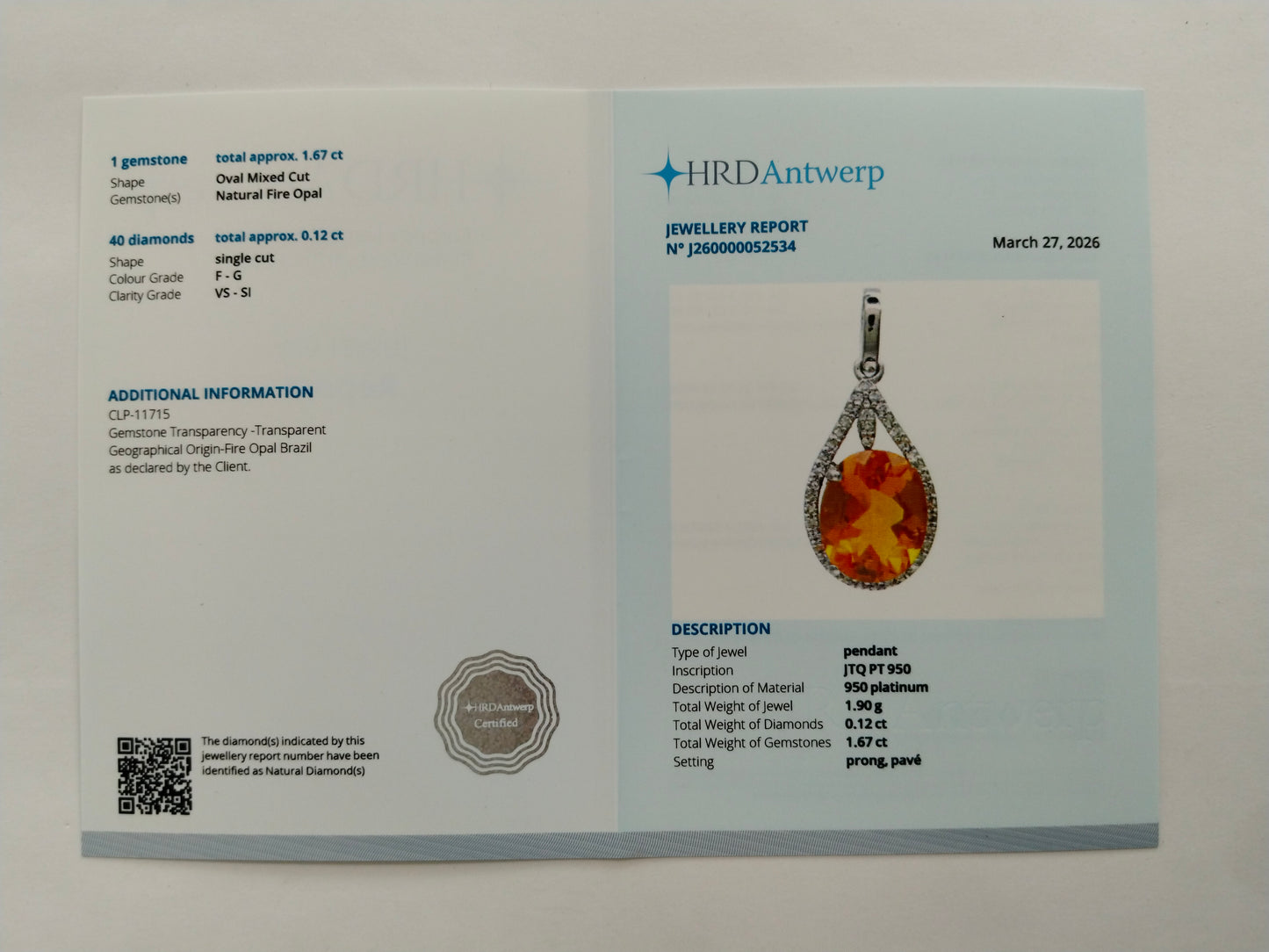 1.79 Ct Oval Mixed Cut Natural Fire Opal 950 Platinum Pendant