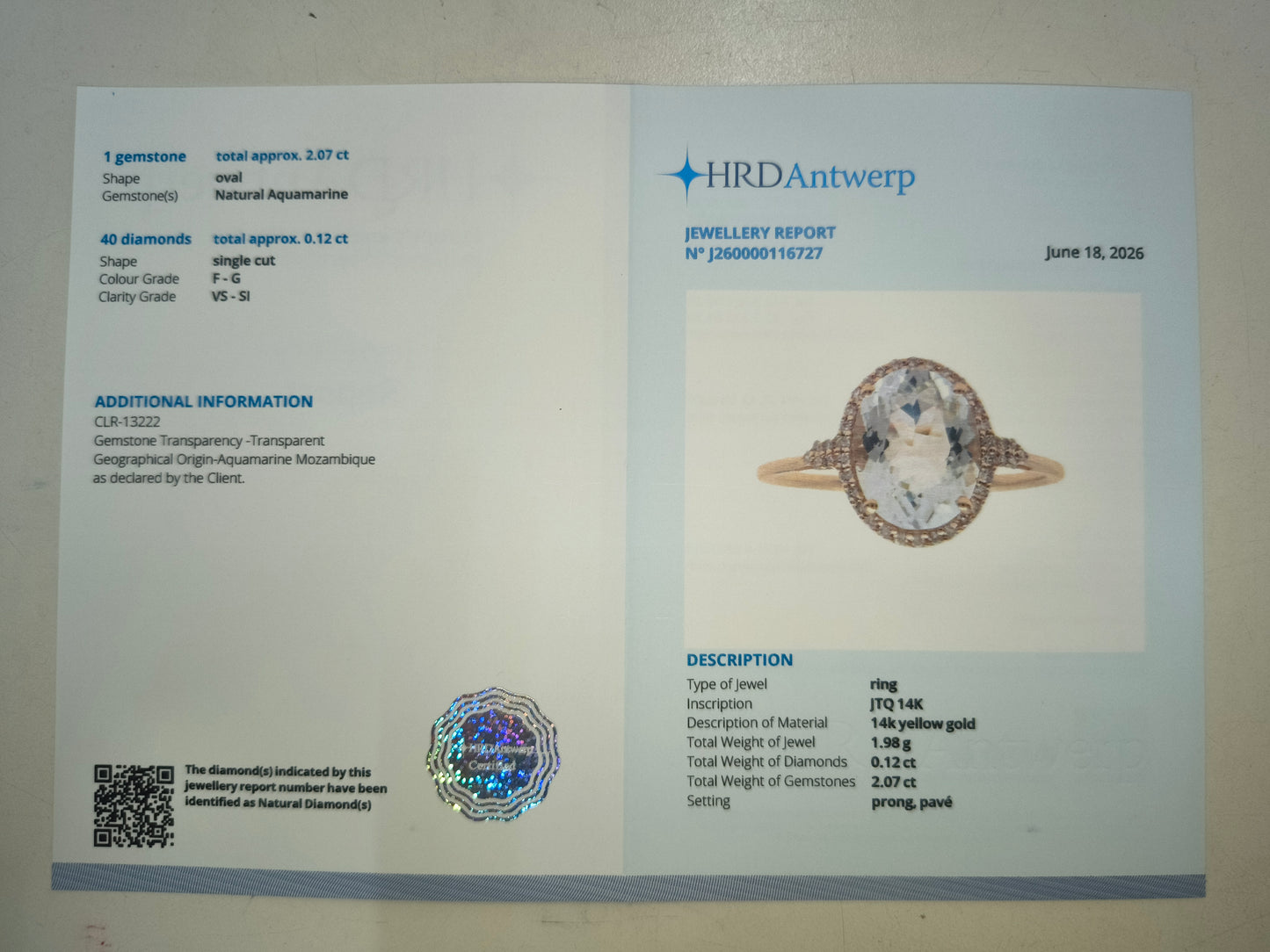 2.19 Ct Oval Natural Aquamarine 14K Gold Ring