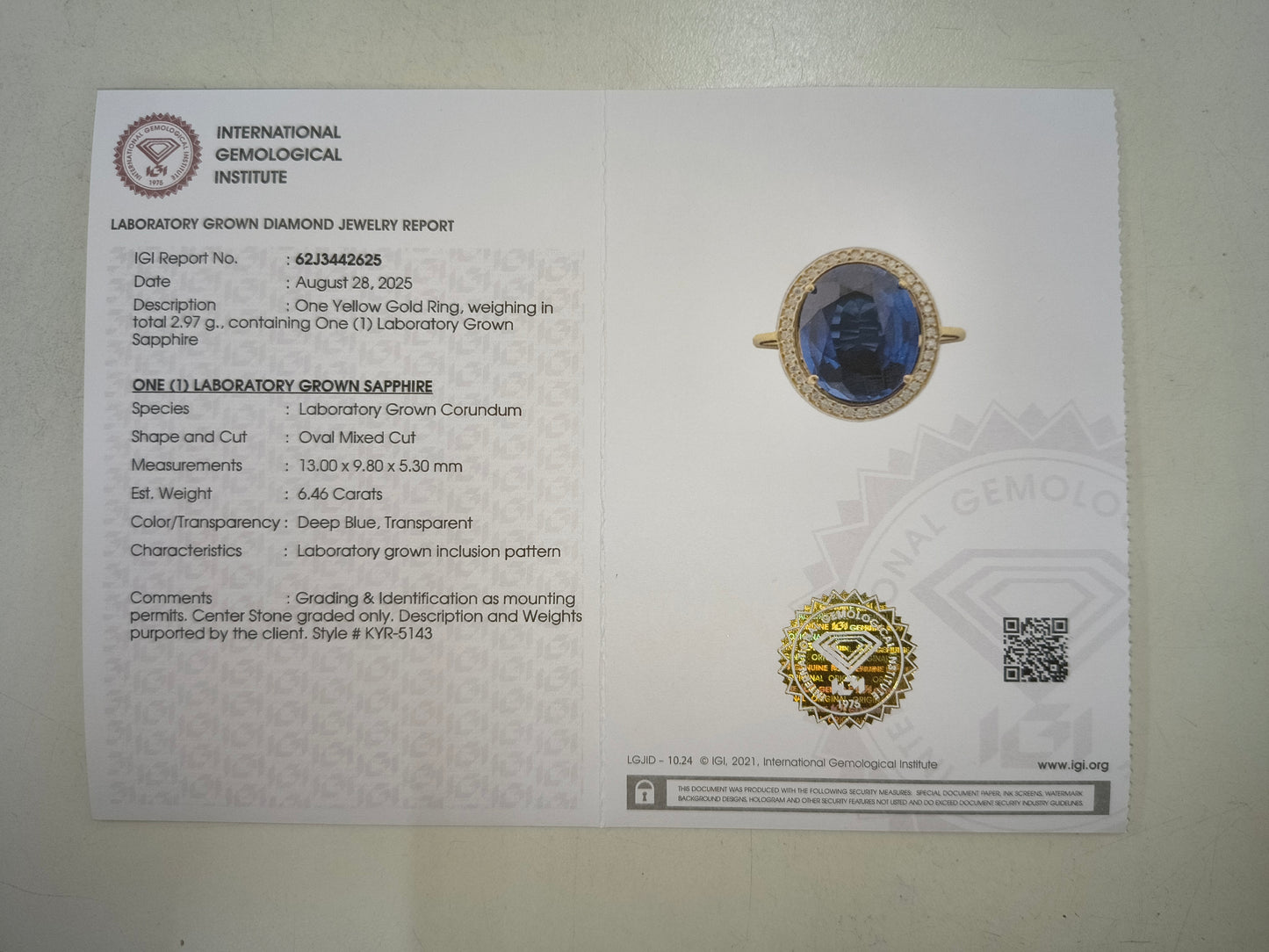 6.58 Ct Oval Mixed Cut Lab Grown Sapphire 14K Gold Ring
