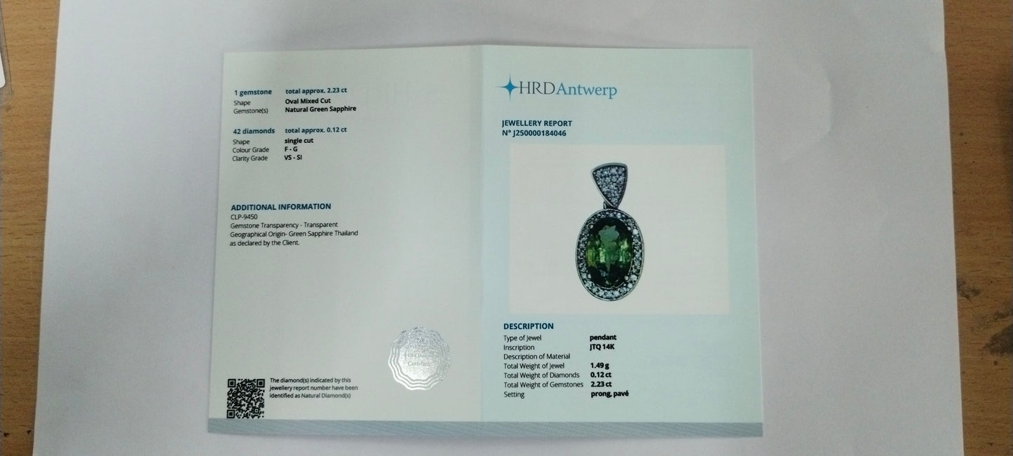 2.35 Ct Oval Mixed Cut Natural Green Sapphire 14K Gold Pendant