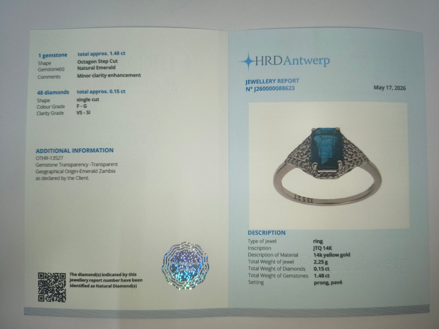 1.93 Ct Octagon Step Cut Natural Emerald 14K Gold Ring
