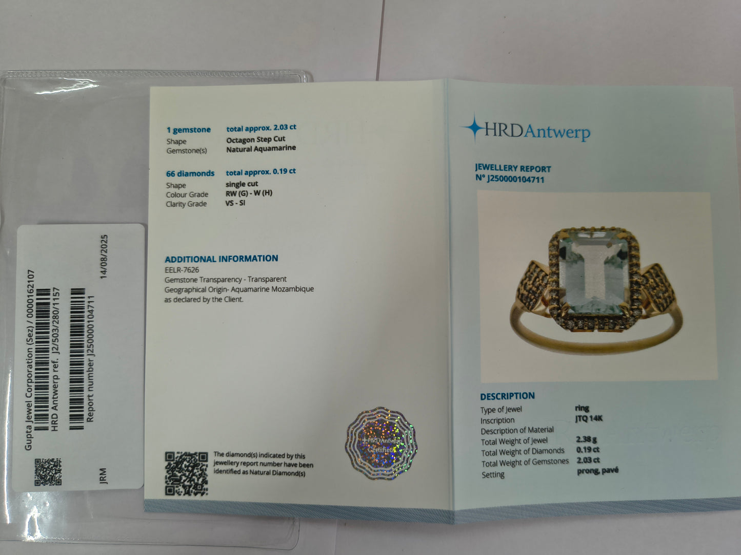 2.22 Ct Octagon Step Cut Natural Aquamarine 14K Gold Ring