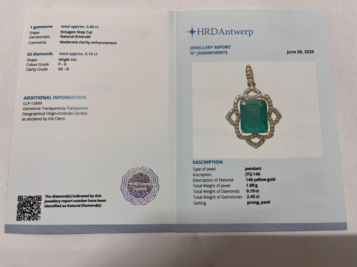 2.64 Ct Octagon Step Cut Natural Emerald 14K Gold Pendant