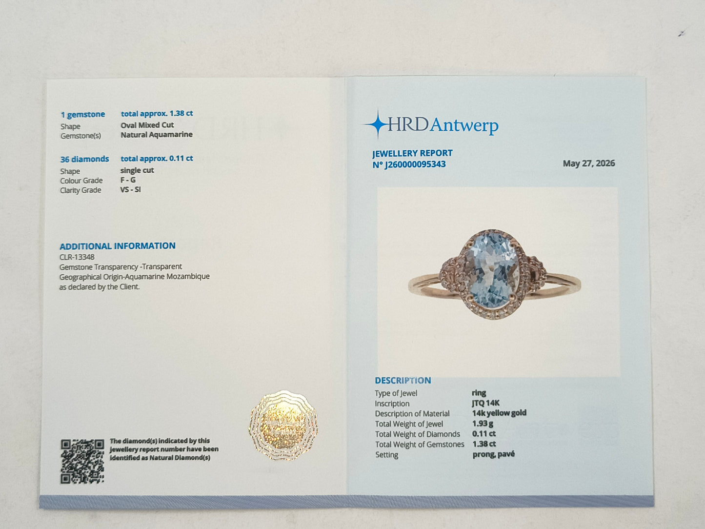 1.49 Ct Oval Mixed Cut Natural Aquamarine 14K Gold Ring