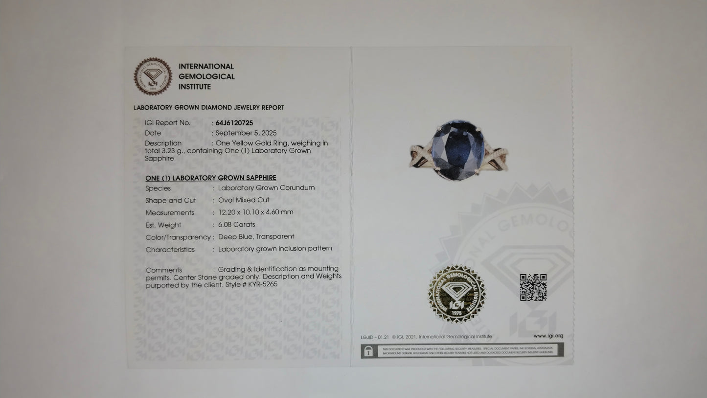 6.25 Ct Oval Mixed Cut Lab Grown Sapphire 14K Gold Ring