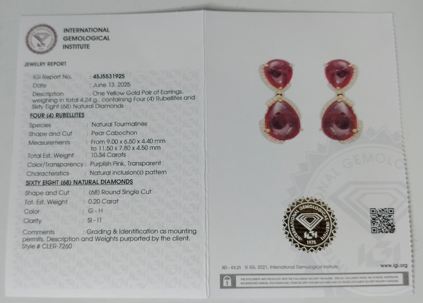 10.54 Ct Pear Cabochon Natural Tourmaline 14K Gold Earrings