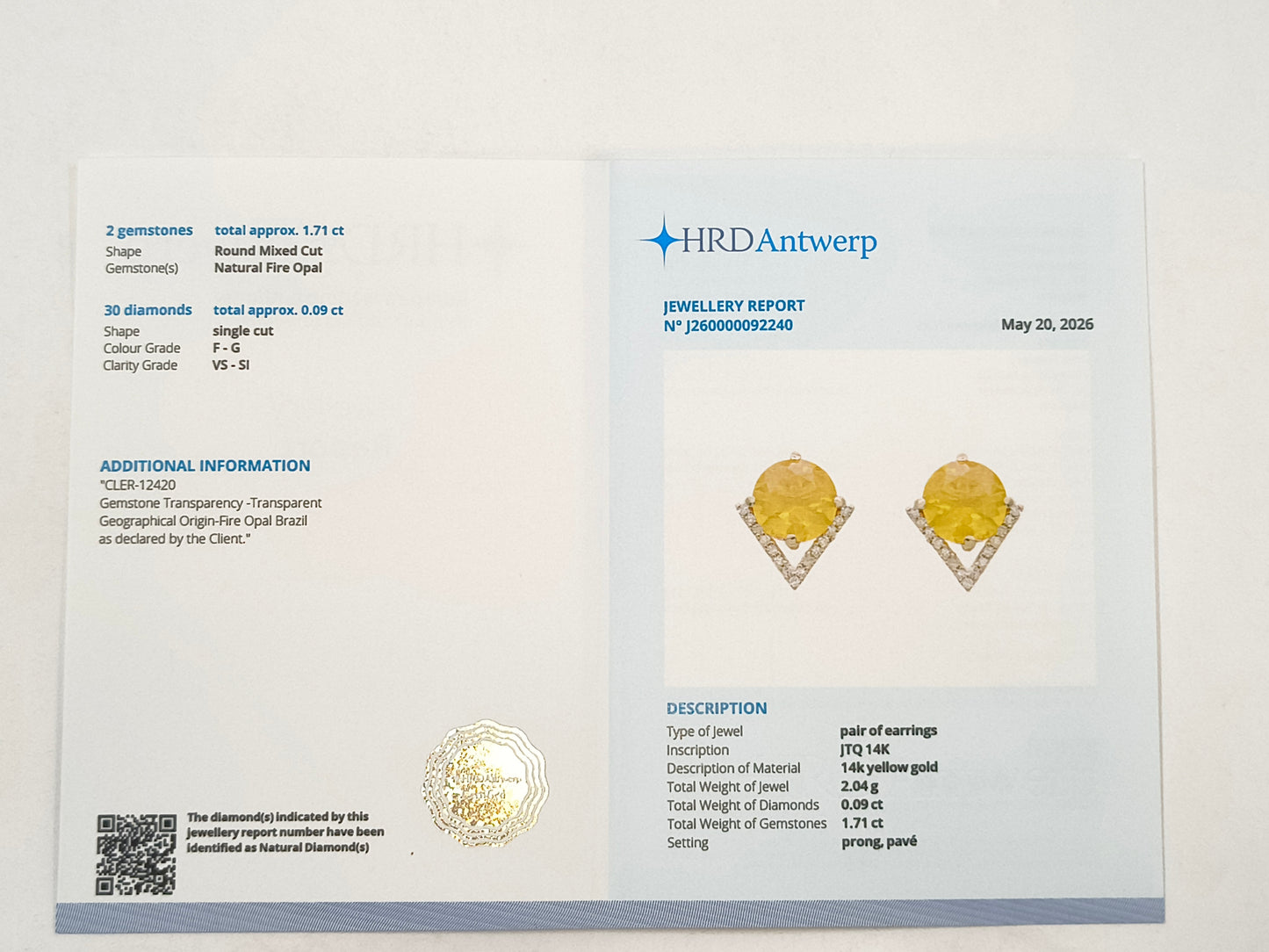 1.80 Ct Round Fire Opal 14K Gold Earrings
