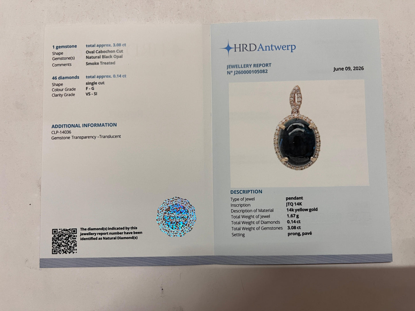 3.22 Ct Oval Cabochon Cut Natural Black Opal 14K Gold Pendant