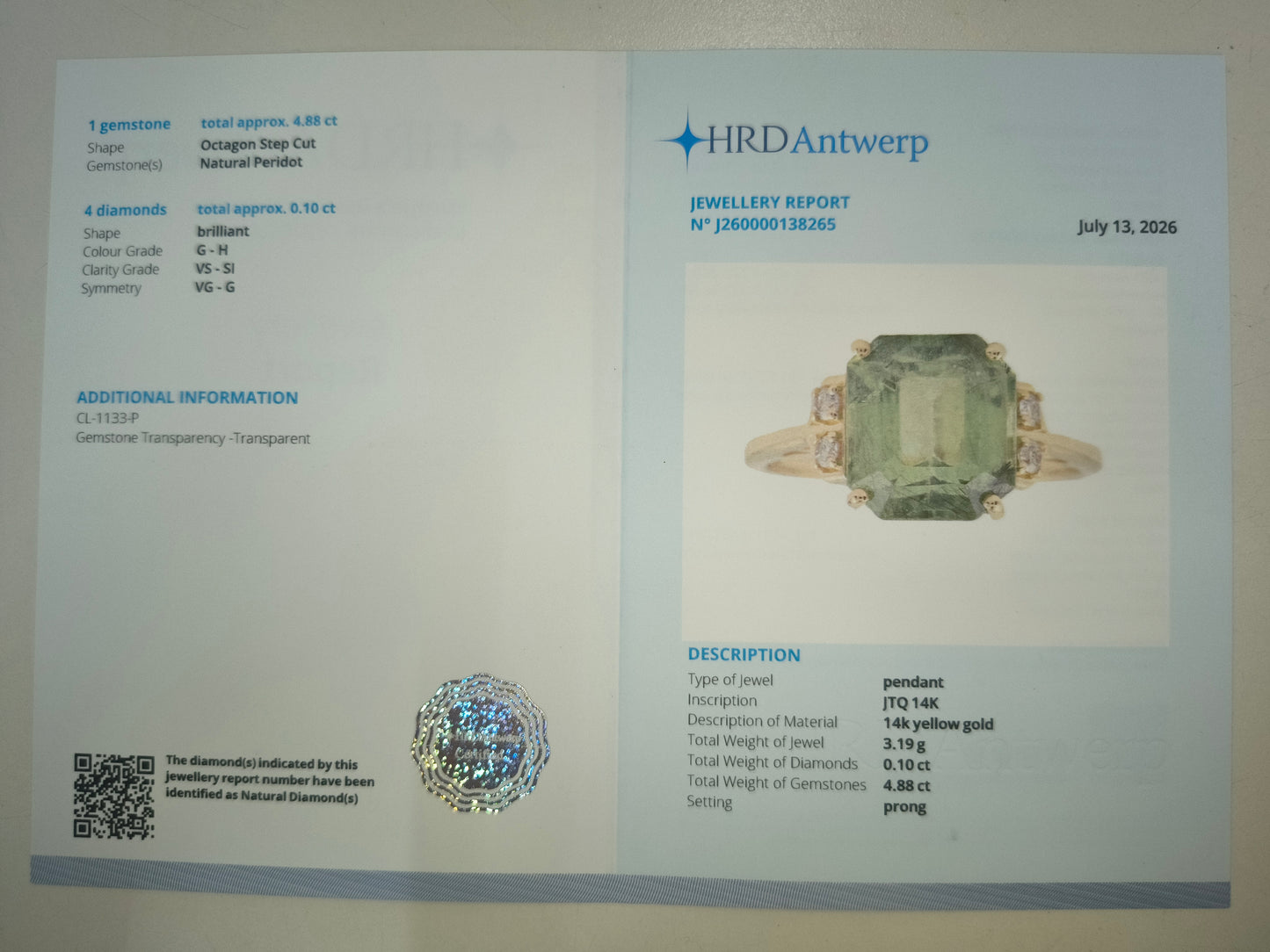 4.98 Ct Octagon Step Cut Natural Peridot 14K Gold Pendant
