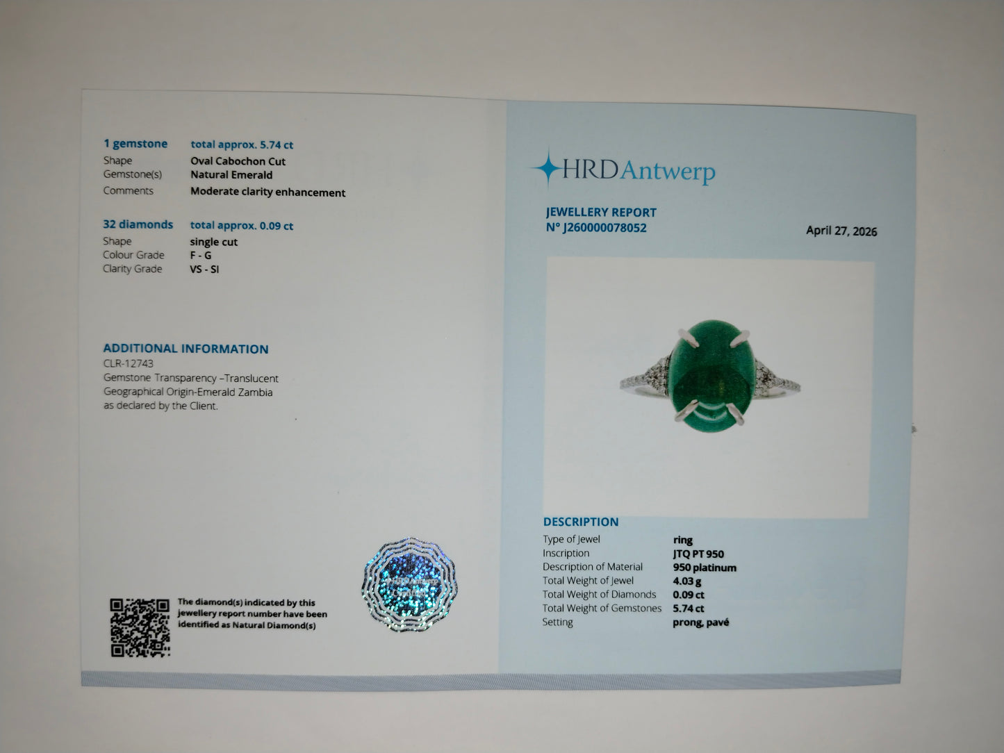 5.83 Ct Oval Cabochon Cut Natural Emerald 950 Platinum Ring