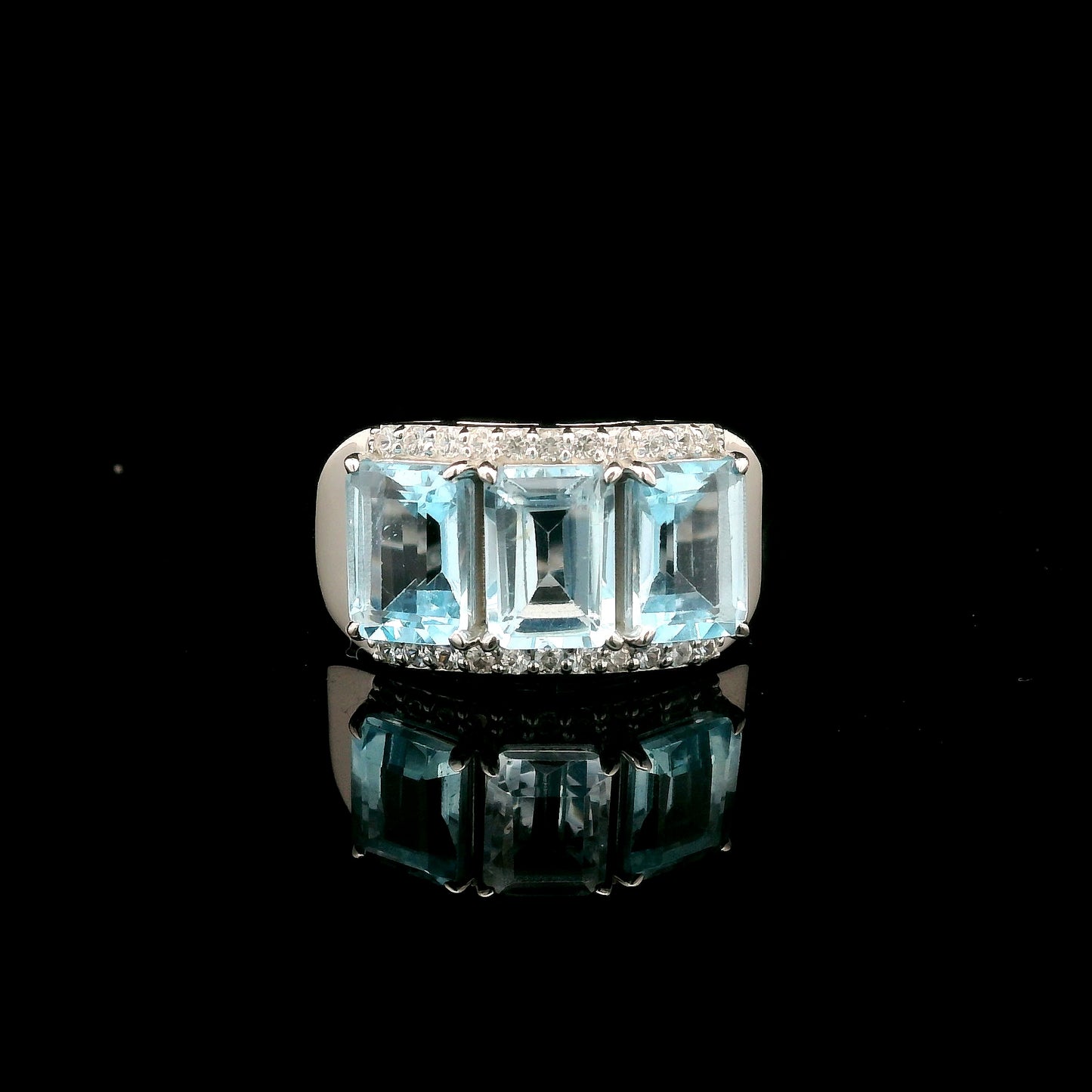 4.17 Ct Octagon Blue Topaz, White Zircon 925 Sterling Silver Ring