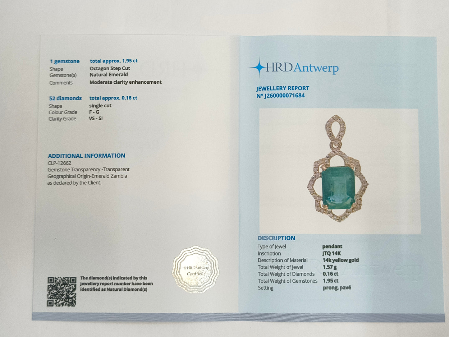2.11 Ct Octagon Step Cut Natural Emerald 14K Gold Pendant