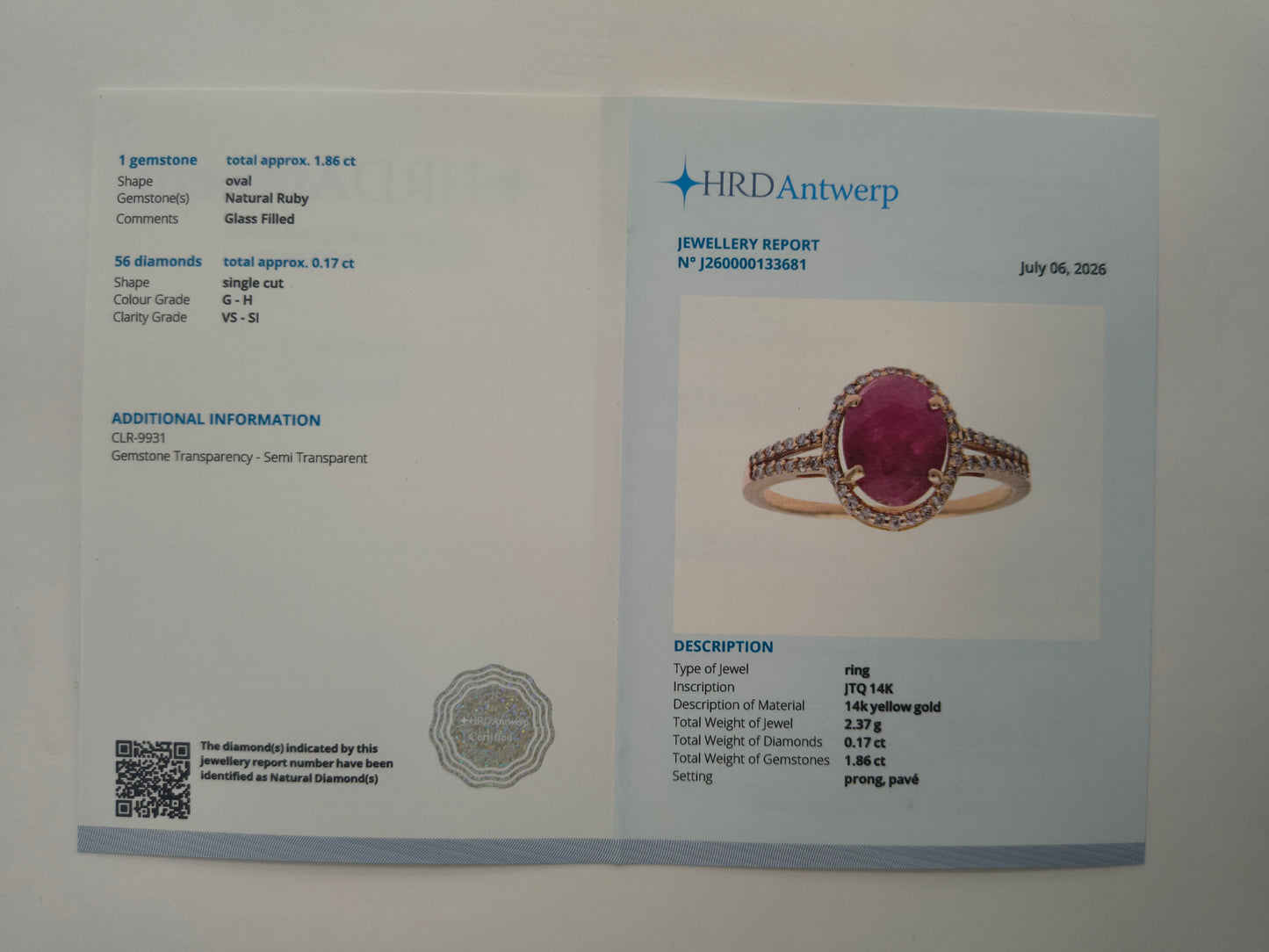 2.03 Ct Oval Natural Ruby 14K Gold Ring