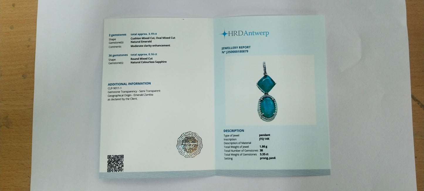 3.35 Ct Oval Mixed Cut, Cushion Mixed Cut Natural Emerald 14K Gold Pendant