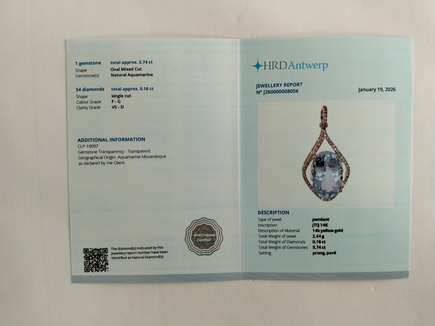 5.90 Ct Oval Mixed Cut Natural Aquamarine 14K Gold Pendant