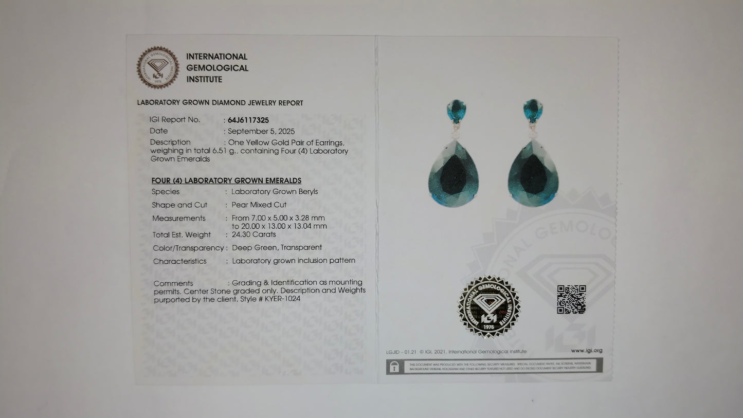24.36 Ct Pear Mixed Cut Lab Grown Emerald 14K Gold Earrings