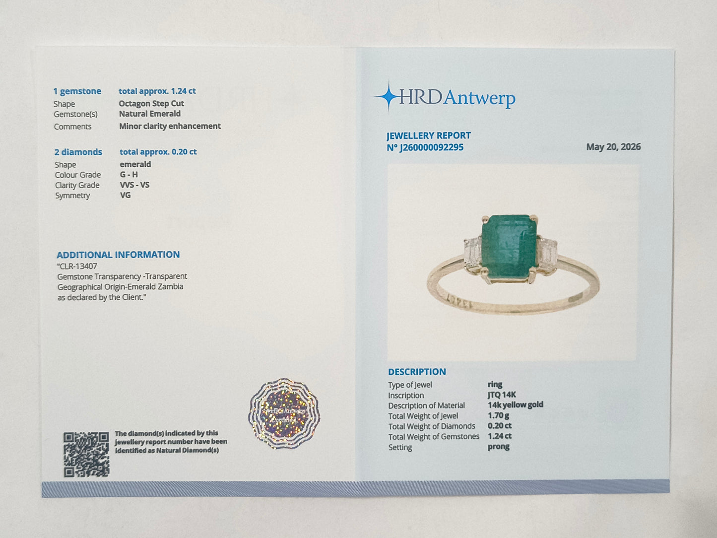 1.44 Ct Octagon Emerald 14K Gold Ring