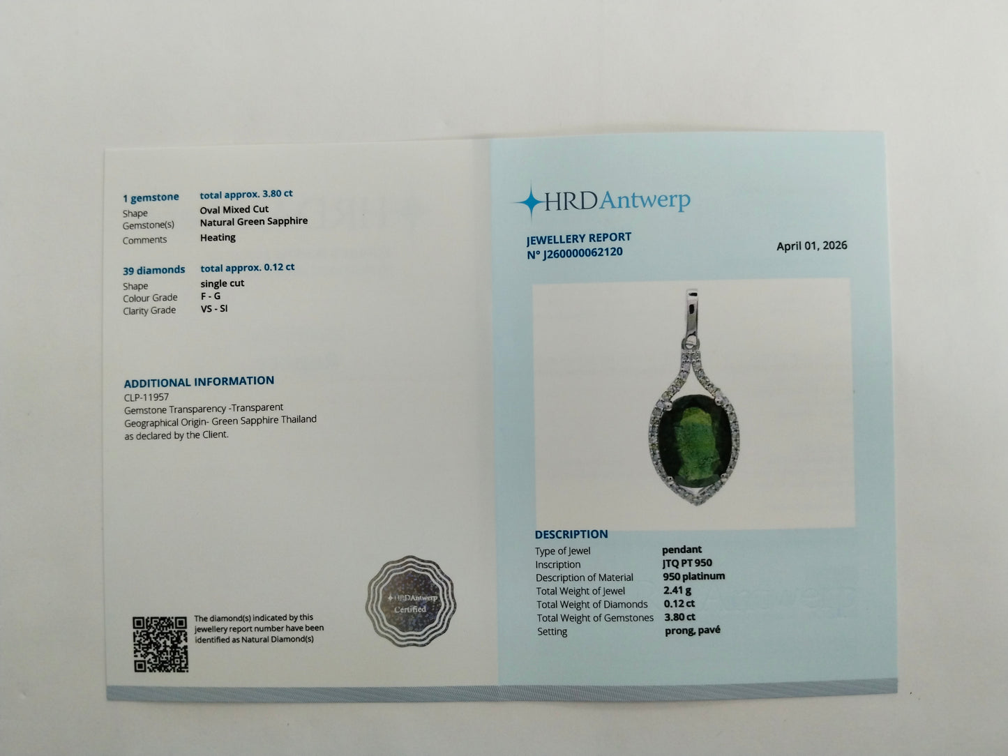 3.92 Ct Oval Mixed Cut Natural Green Sapphire 950 Platinum Pendant