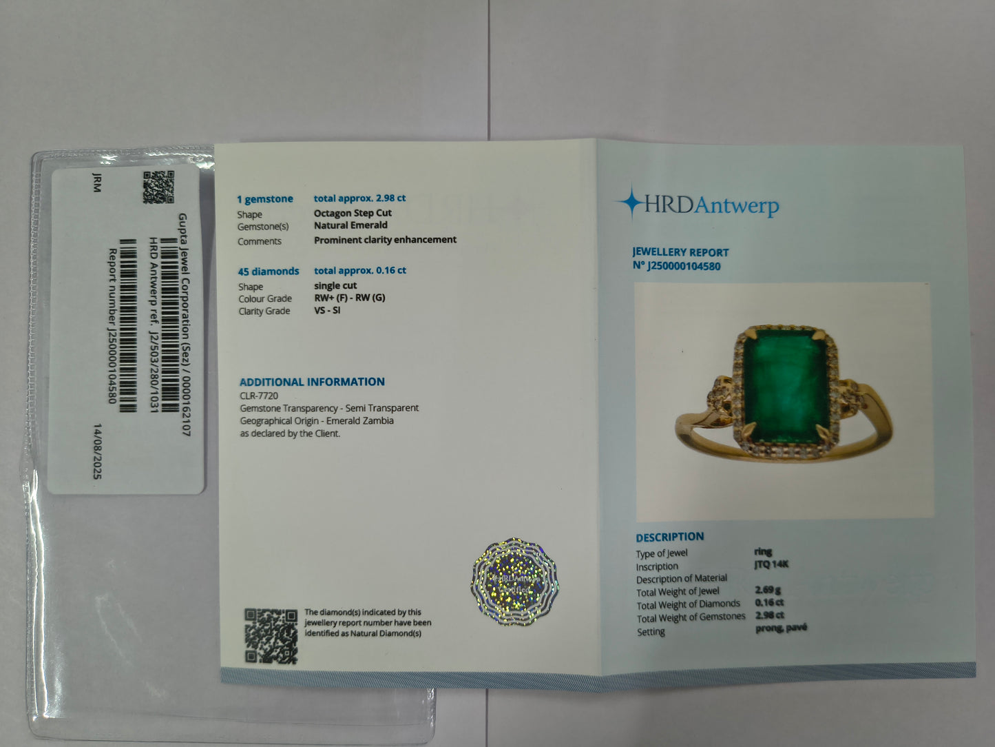 3.14 Ct Octagon Step Cut Natural Emerald 14K Gold Ring
