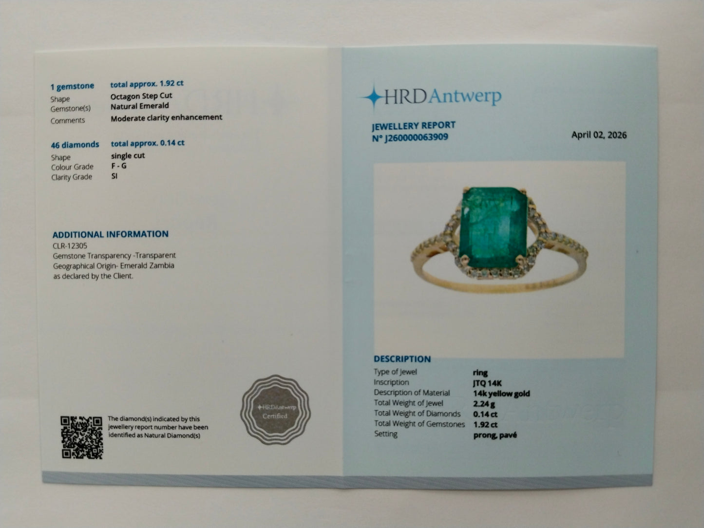 2.06 Ct Octagon Step Cut Natural Emerald 14K Gold Ring