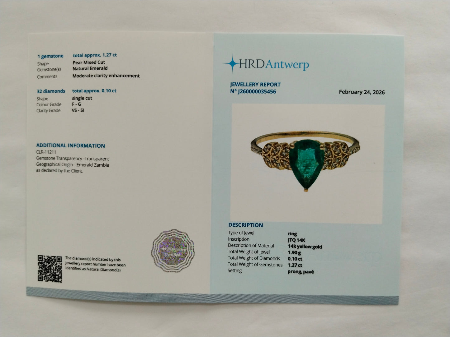 1.37 Ct Pear Mixed Cut Natural Emerald 14K Gold Ring