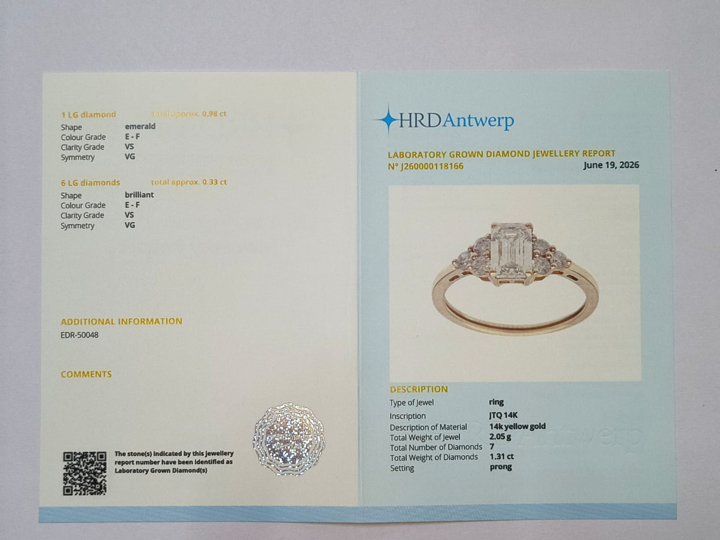 1.31 Ct Octagon Lab Grown Diamond 14K Gold Ring