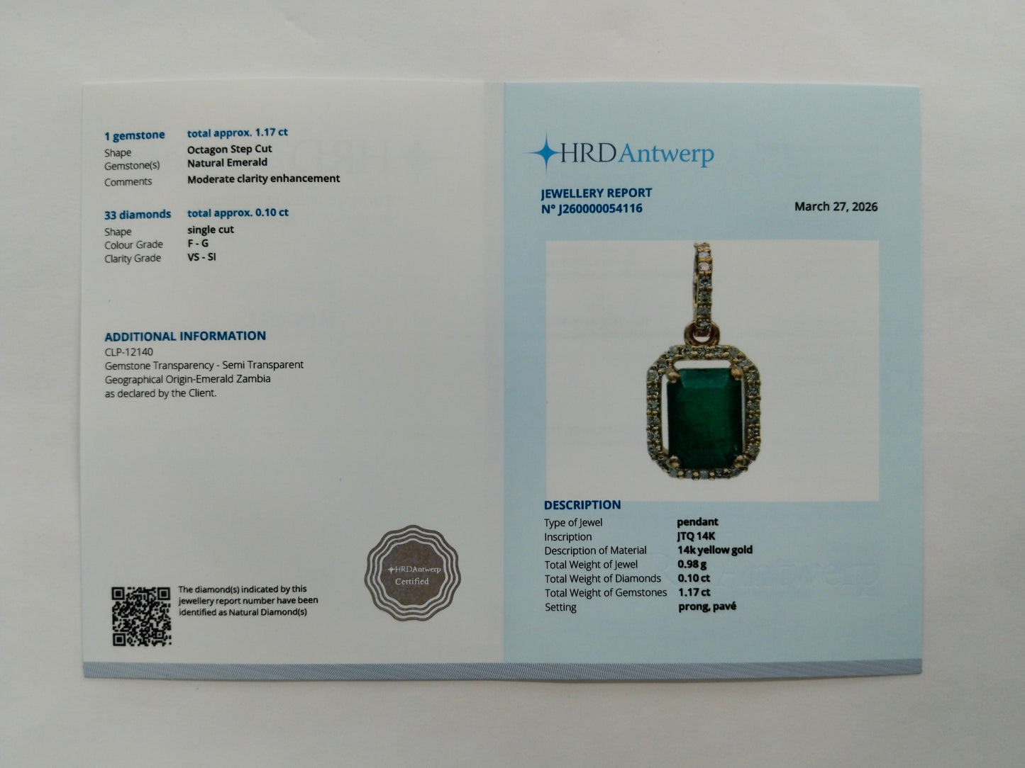 1.27 Ct Octagon Step Cut Natural Emerald 14K Gold Pendant
