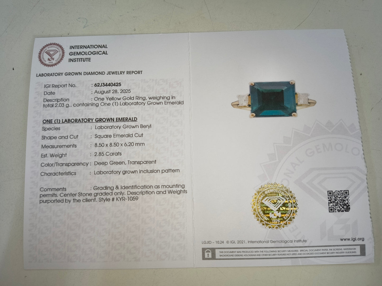 3.01 Ct Square Emerald Cut Lab Grown Emerald 14K Gold Ring
