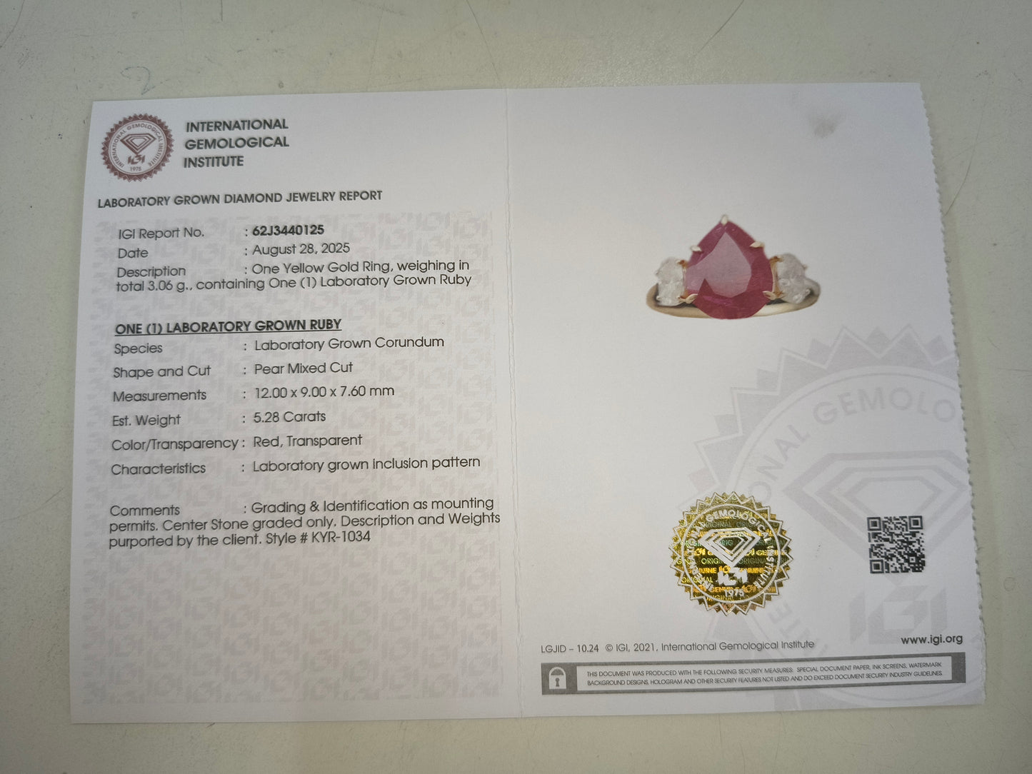 6.14 Ct Pear Mixed Cut Lab Grown Ruby 14K Gold Ring
