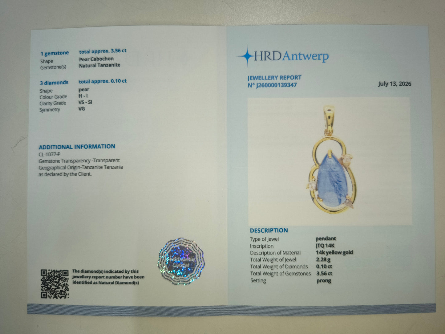 3.66 Ct Pear Cabochon Natural Tanzanite 14K Gold Pendant