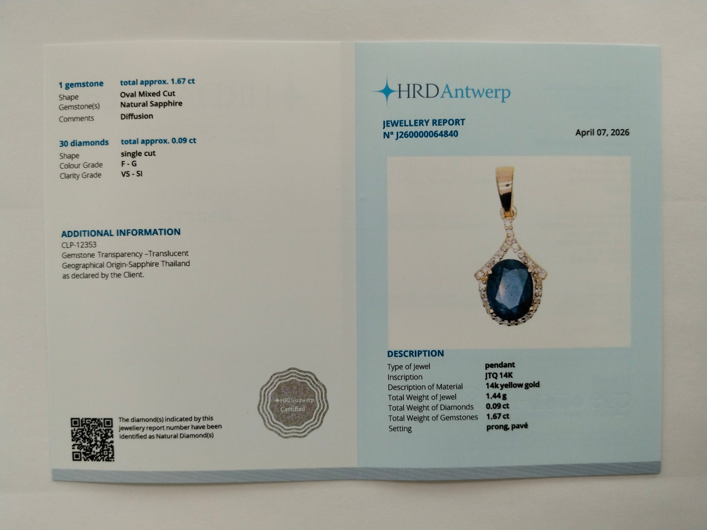 1.76 Ct Oval Mixed Cut Natural Sapphire 14K Gold Pendant