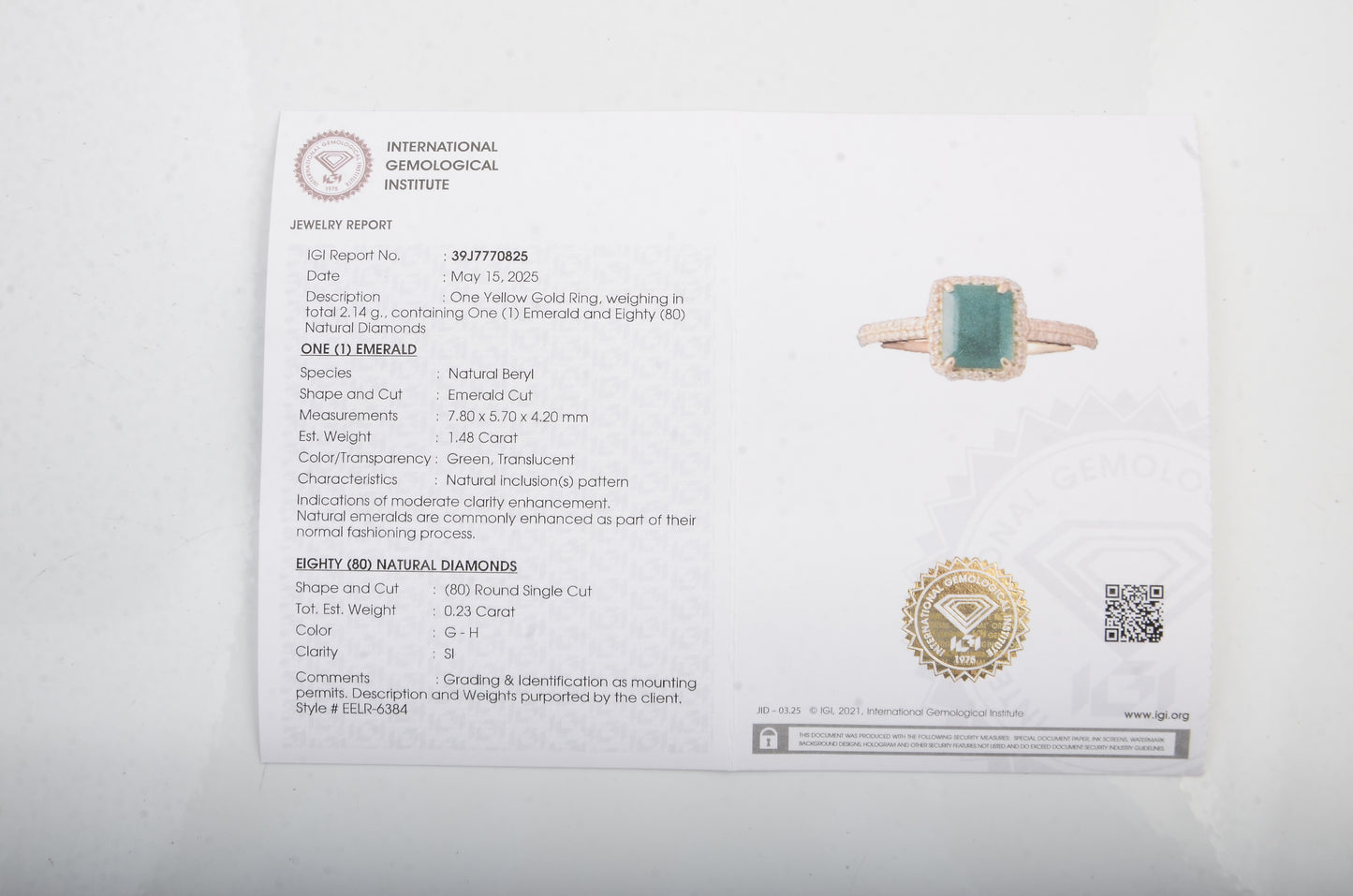 1.71 Ct Emerald Cut Natural Beryl Emerald 14K Gold Ring