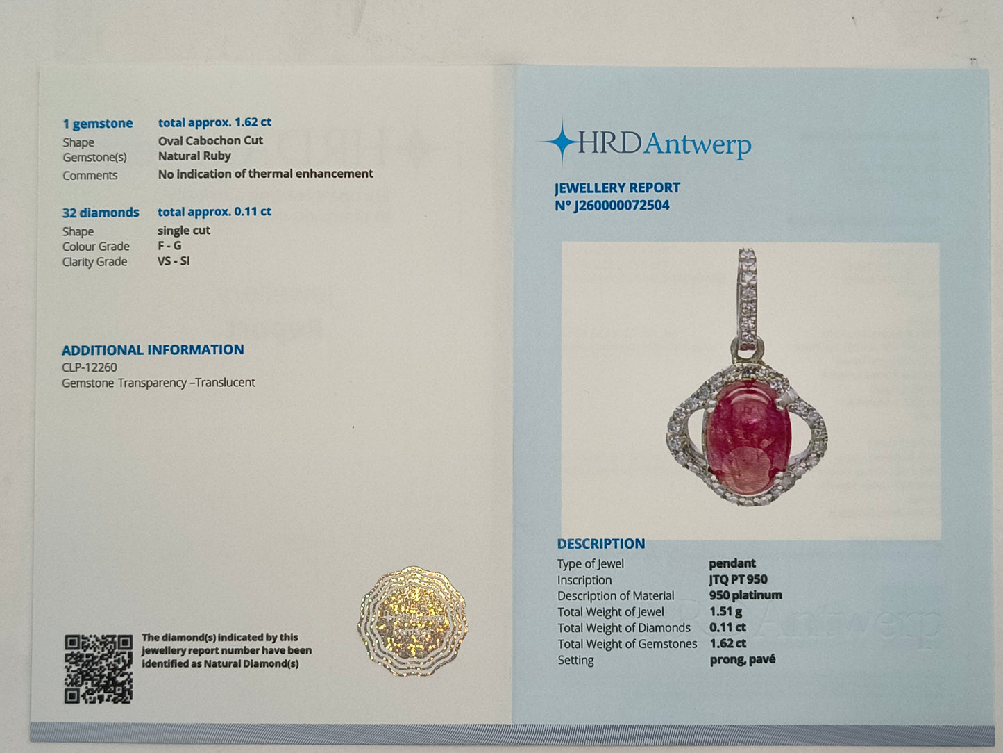 1.73 Ct Oval Cabochon Cut Natural Ruby 950 Platinum Pendant