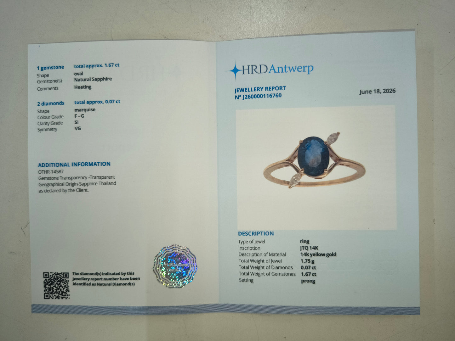 1.74 Ct Oval Natural Sapphire 14K Gold Ring