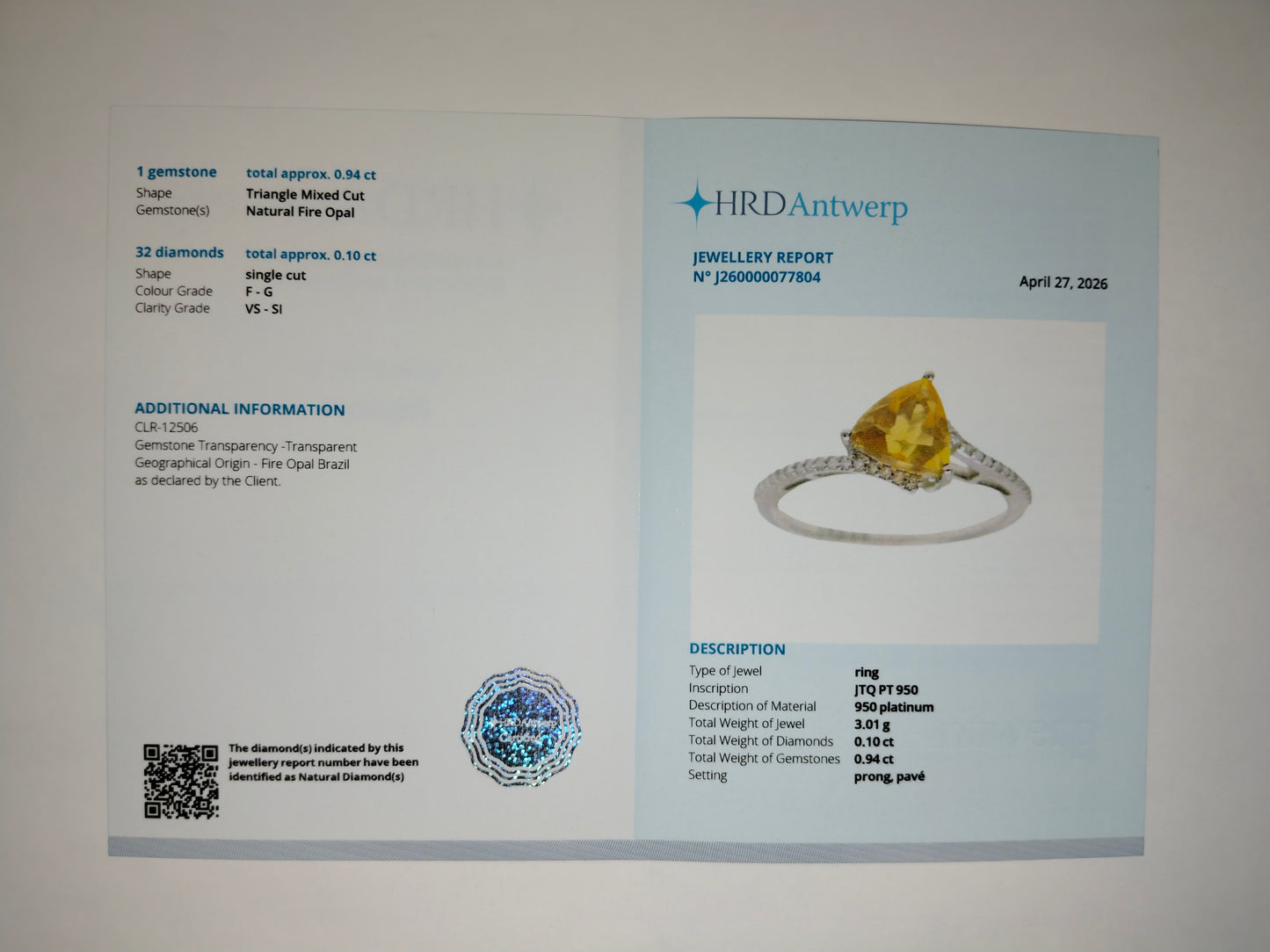 1.04 Ct Triangle Mixed Cut Natural Fire Opal 950 Platinum Ring