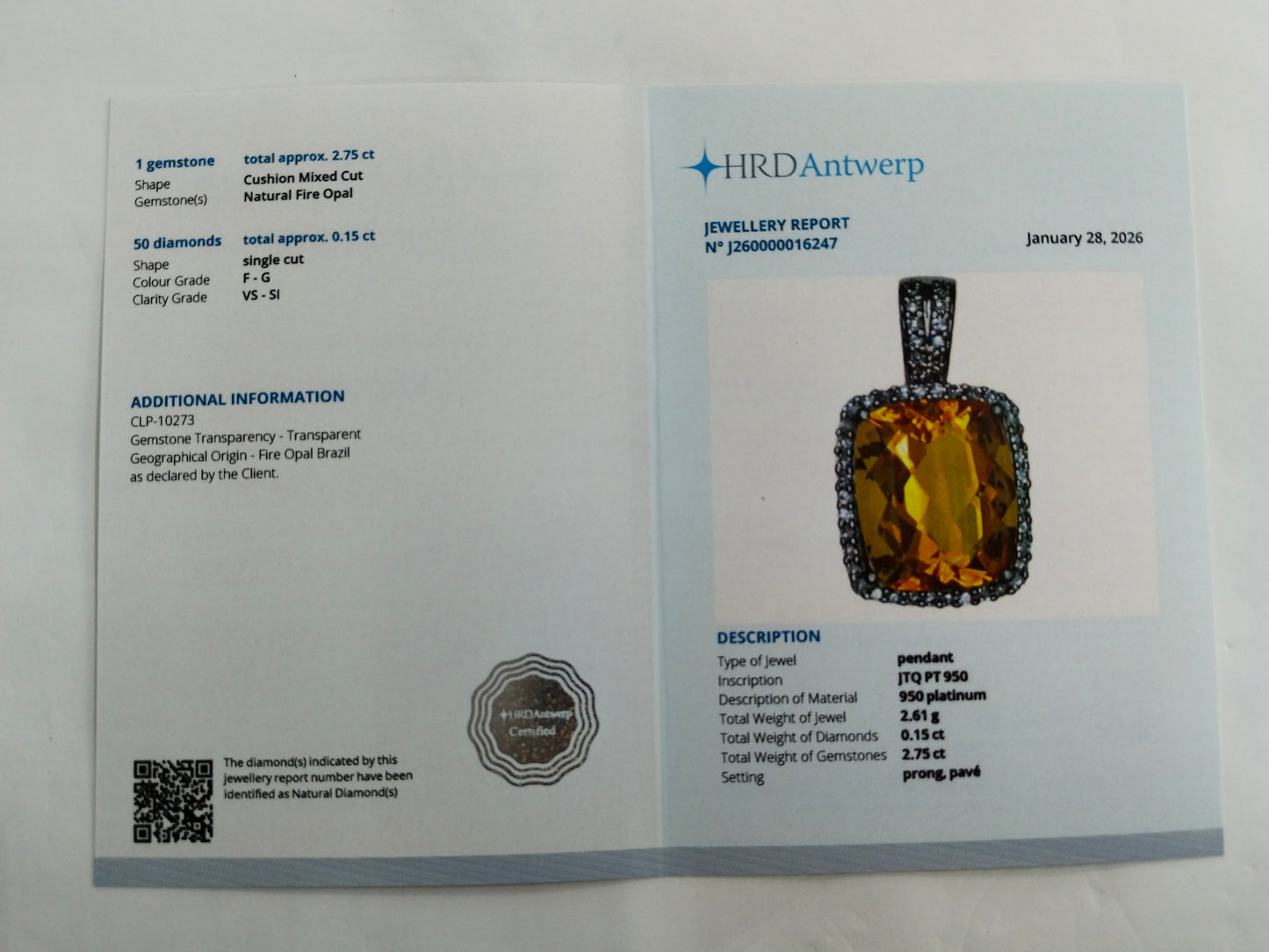 2.90 Ct Cushion Mixed Cut Natural Fire Opal 950 Platinum Pendant
