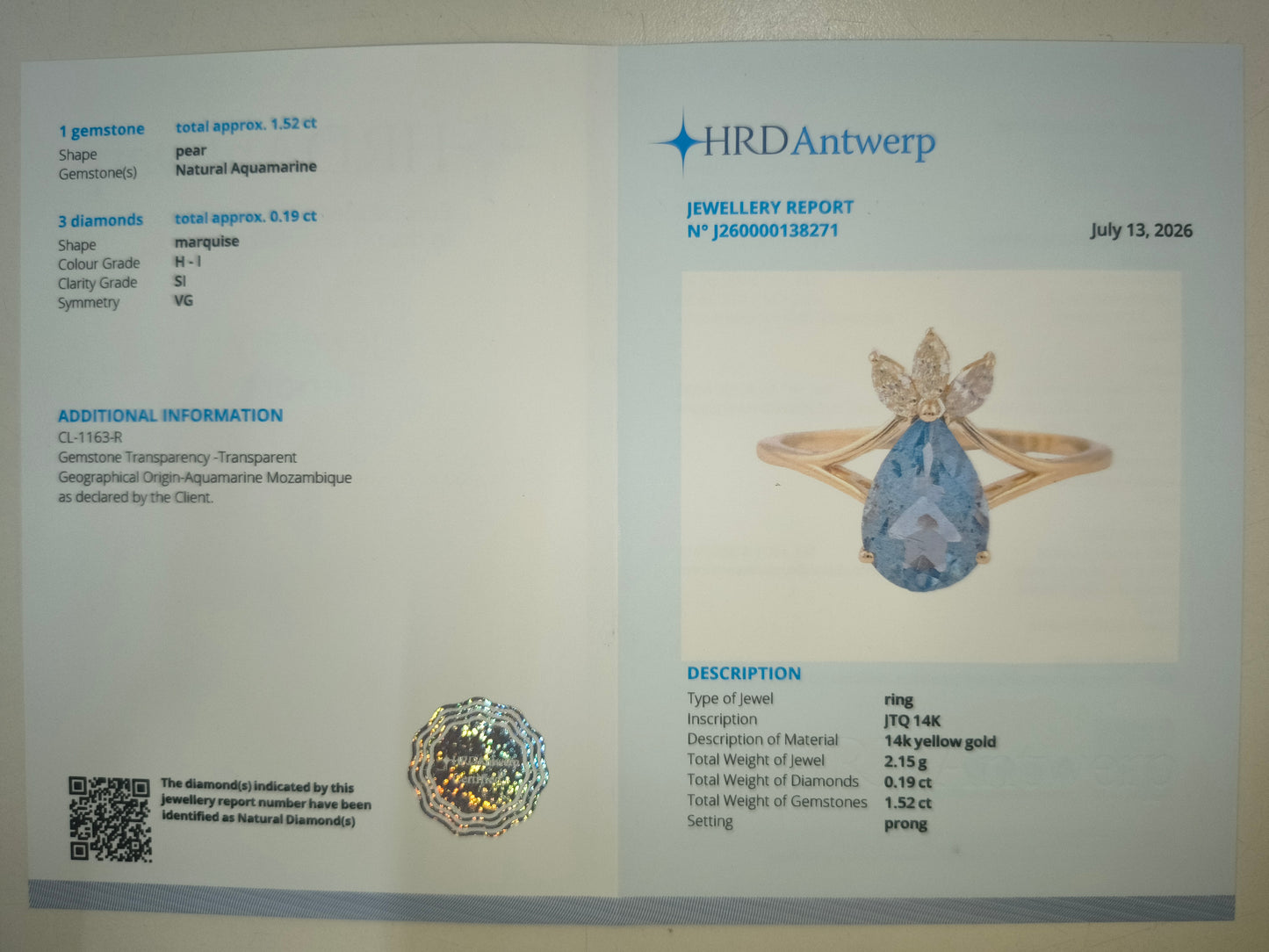 1.71 Ct Pear Natural Aquamarine 14K Gold Ring