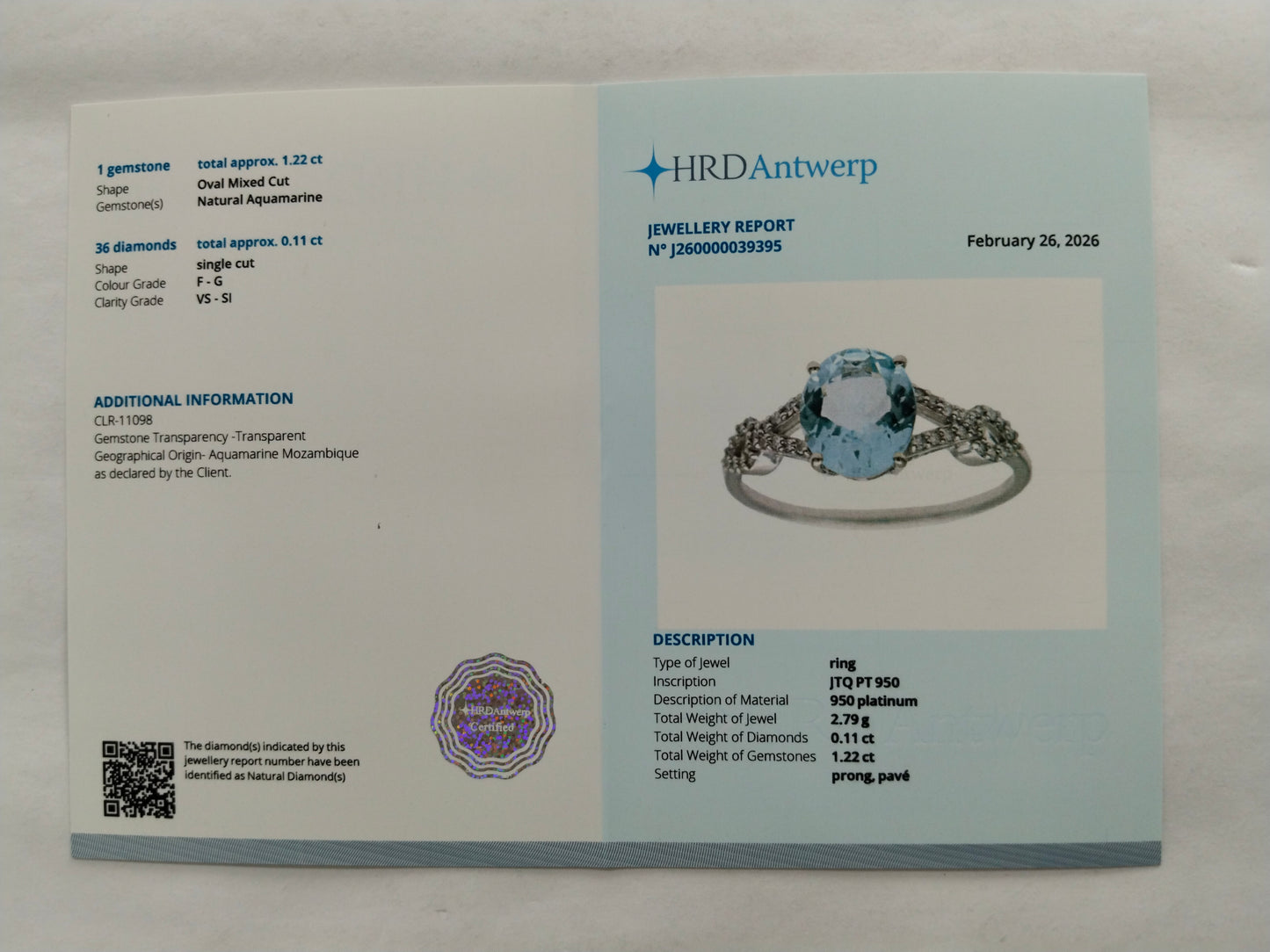1.33 Ct Oval Mixed Cut Natural Aquamarine 950 Platinum Ring
