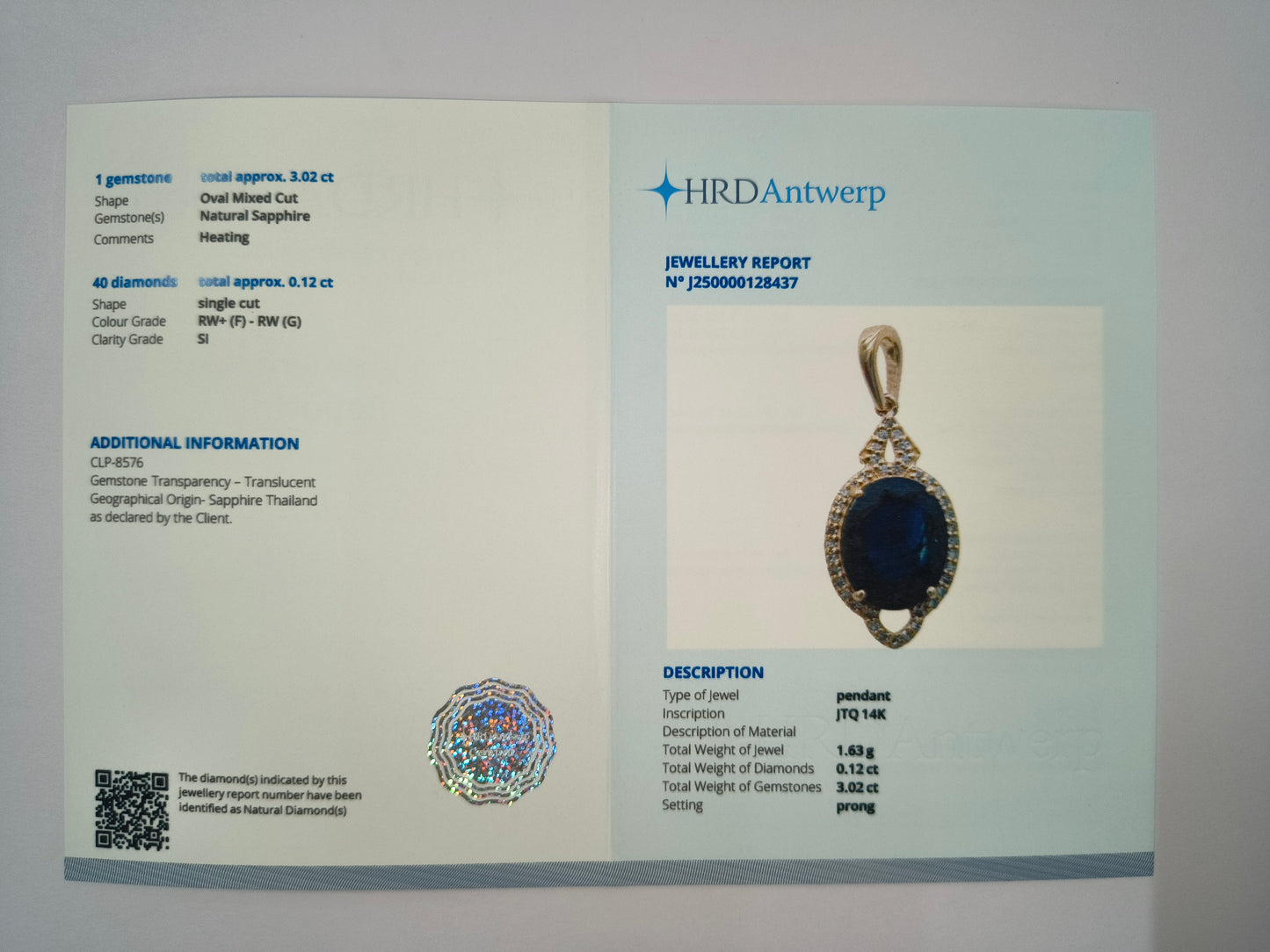 3.14 Ct Oval Natural Sapphire 14K Gold Pendant