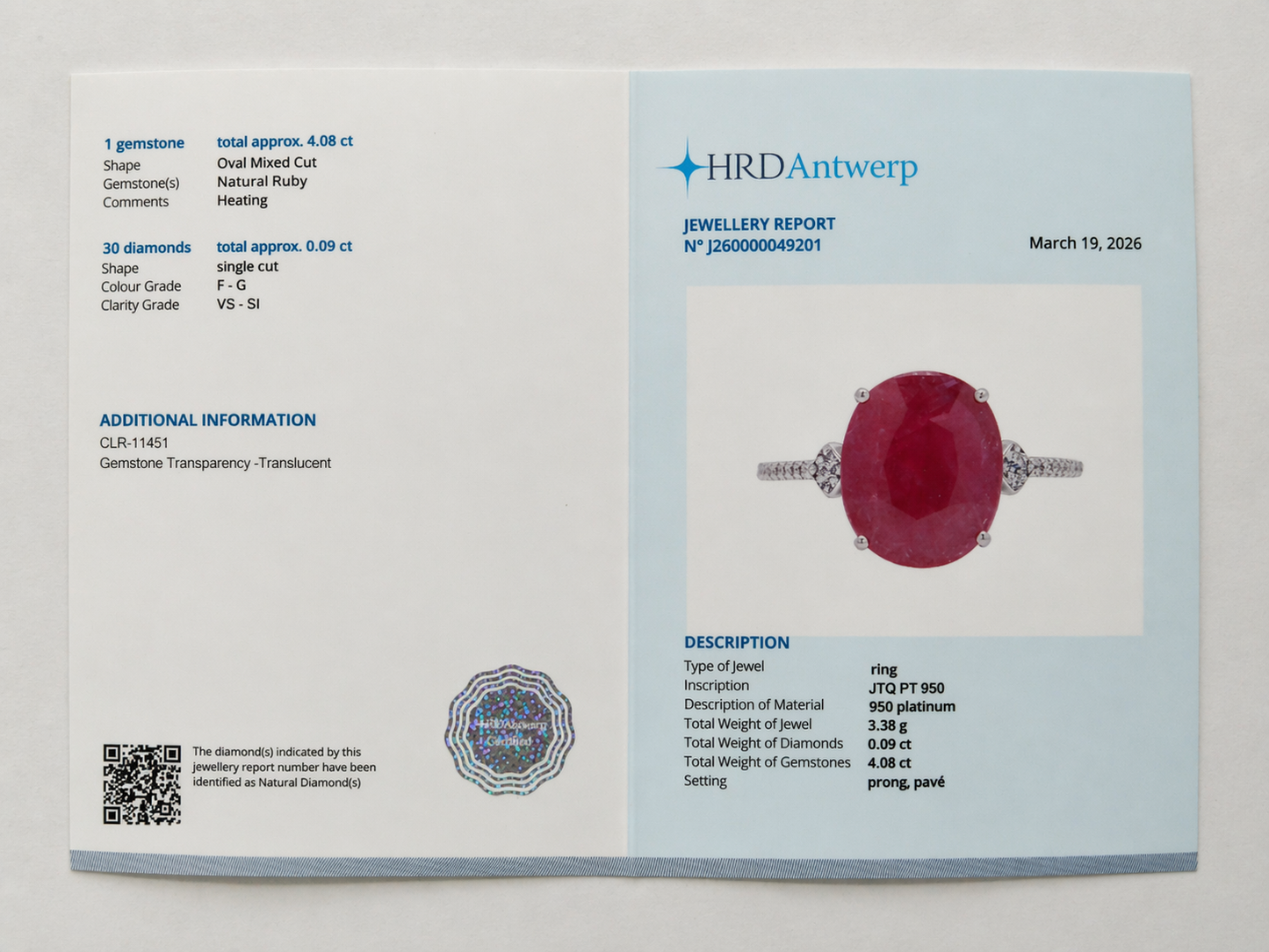 4.17 Ct Oval Mixed Cut Natural Ruby 950 Platinum Ring