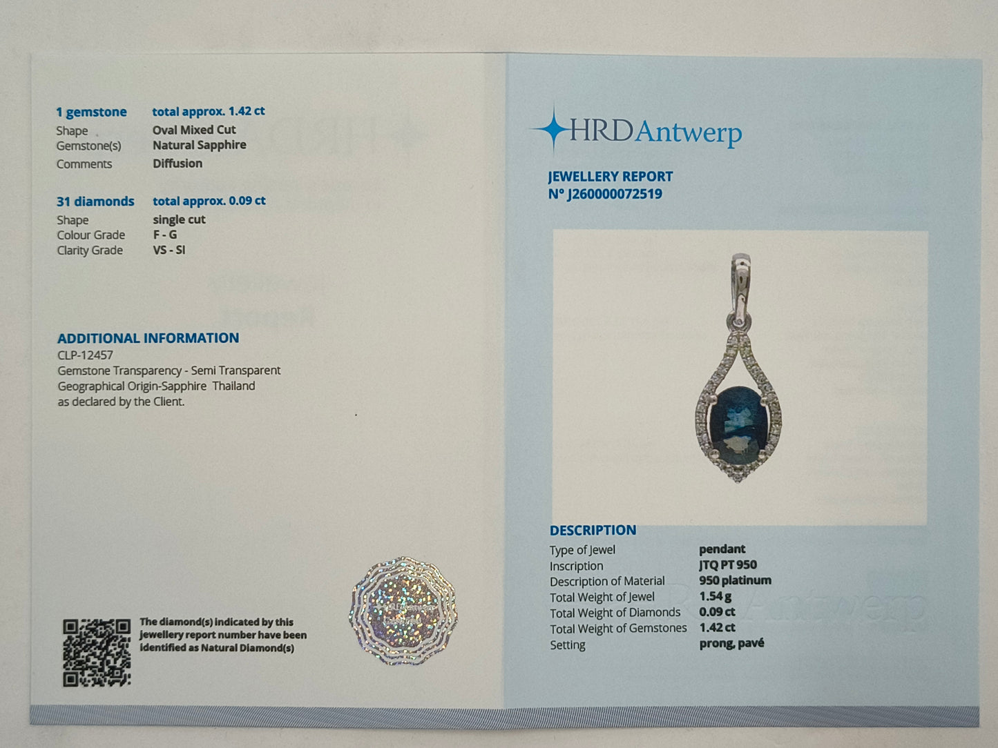 1.51 Ct Oval Mixed Cut Natural Sapphire 950 Platinum Pendant