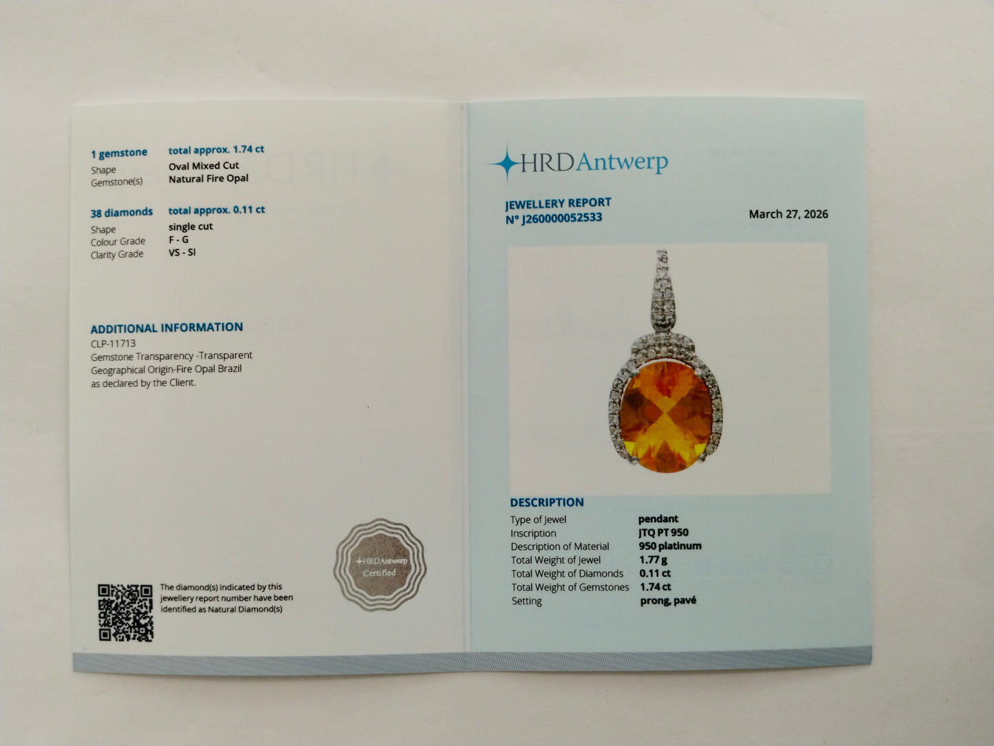 1.85 Ct Oval Mixed Cut Natural Fire Opal 950 Platinum Pendant