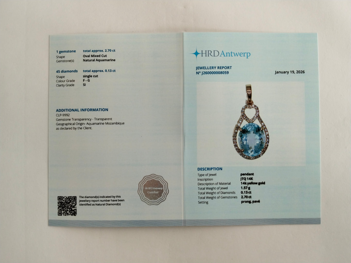 2.83 Ct Oval Mixed Cut Natural Aquamarine 14K Gold Pendant