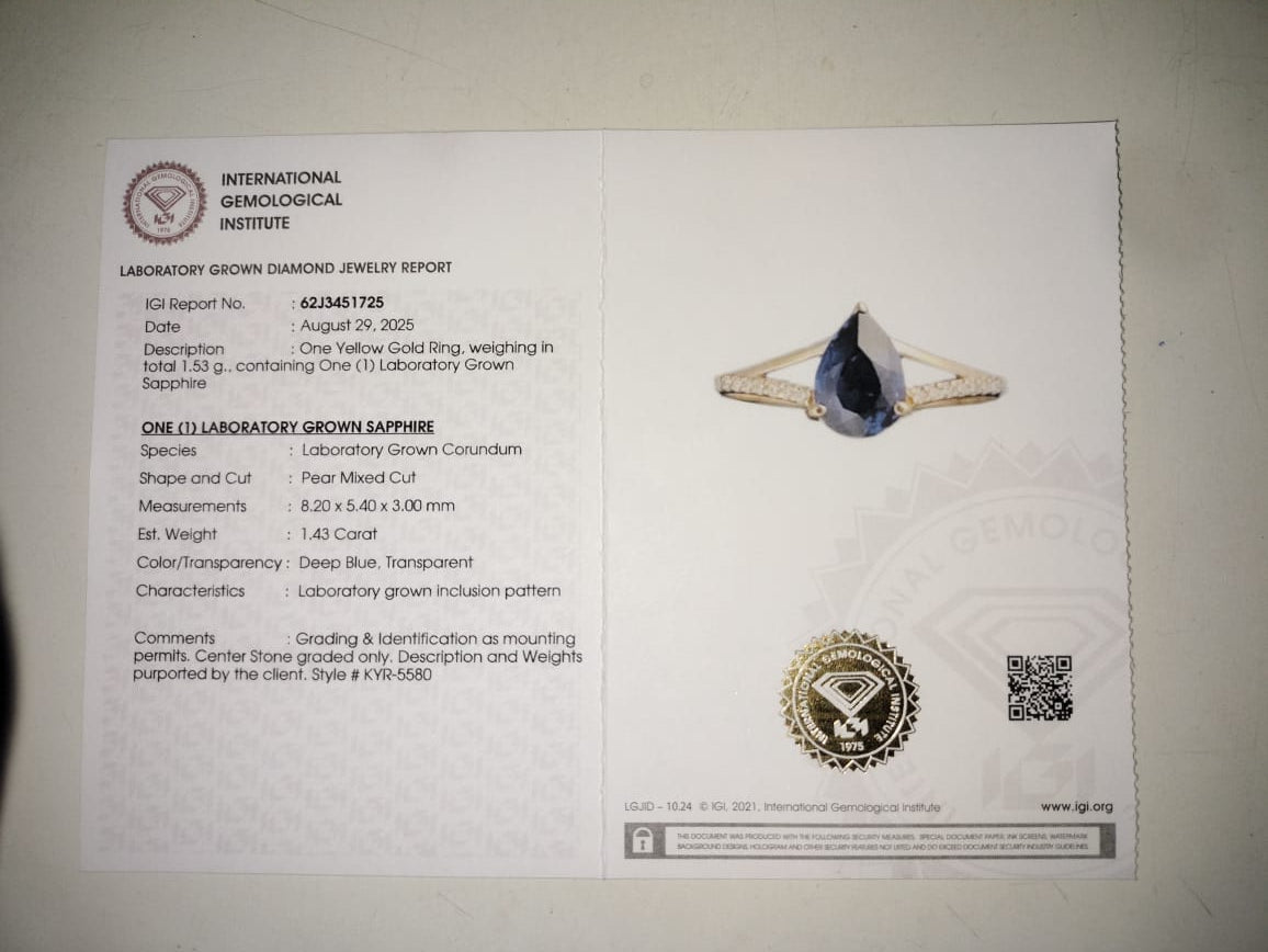 1.48 Ct Pear Mixed Cut Lab Grown Sapphire 14K Gold Ring