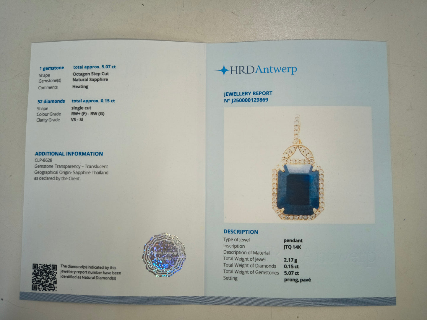 5.22 Ct Octagon Natural Sapphire 14K Gold Pendant